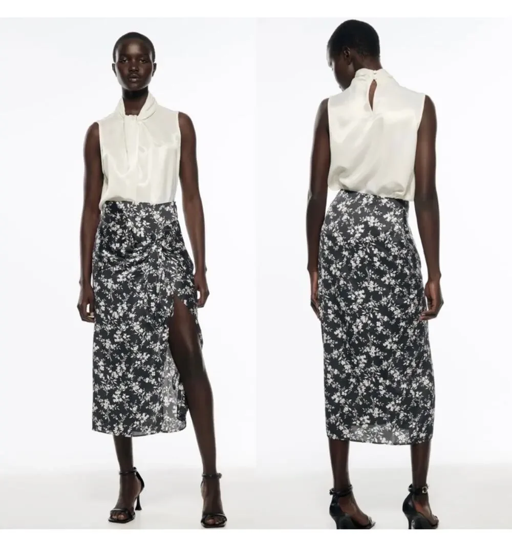 Zara Black Floral Satin Midi Skirt Size Large Side Knot Lightweight 2492/063